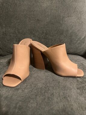 Qupid Tan Peep-Toe Block Heel Mules